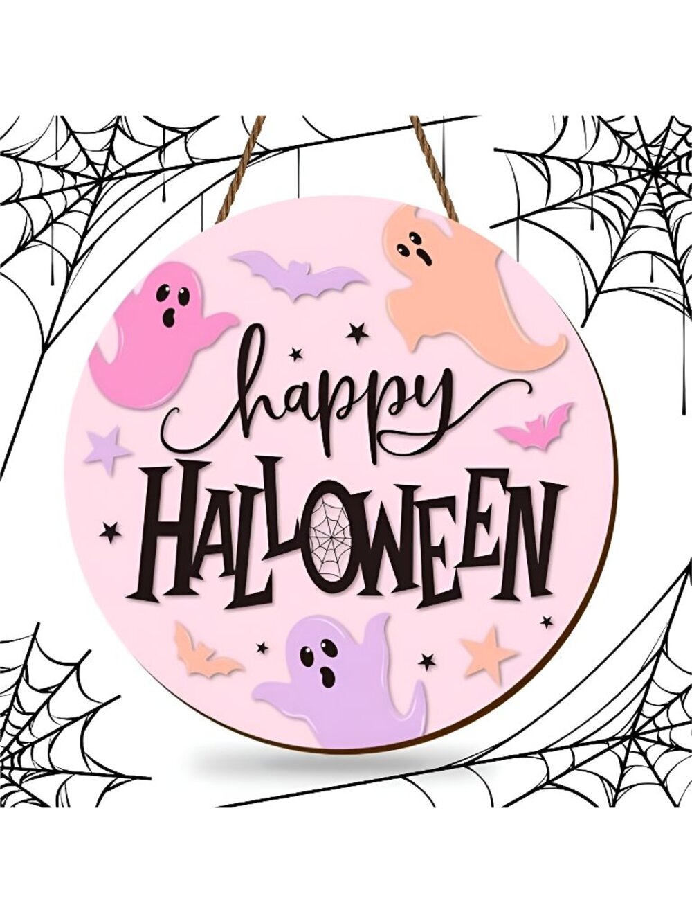 Halloween Ghost Wooden Hanging Sign Pink Spooky Welcome Sign Ghost Bat Door